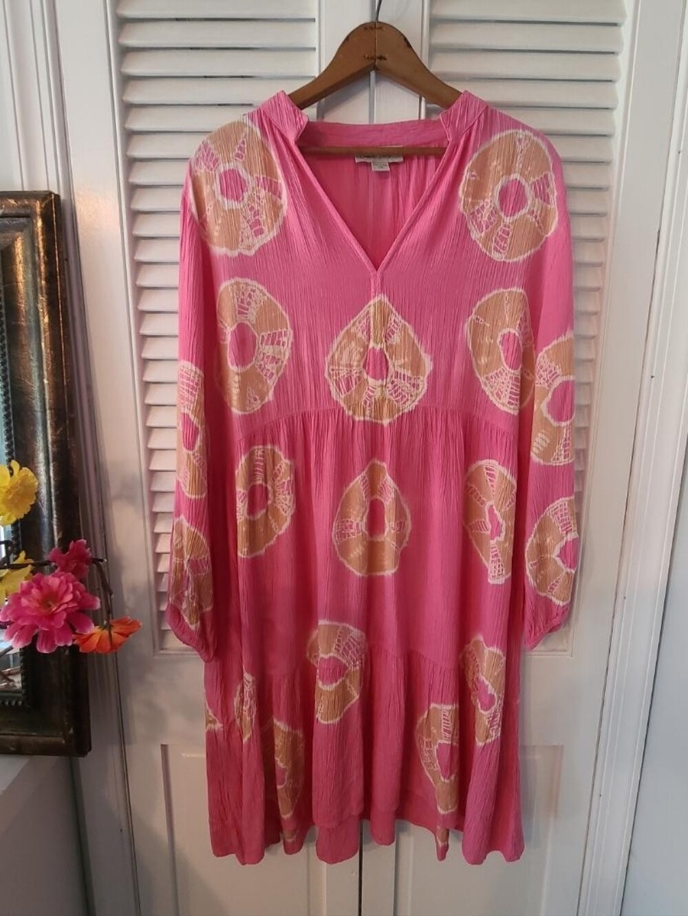 Charlie Paige Pink Tie Dye Tiered Boho Peasant Dress Long Sleeve Size L - Picture 2 of 8